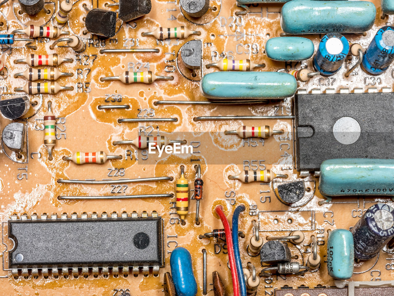 Closeup of electronic componets embedded into pcb board