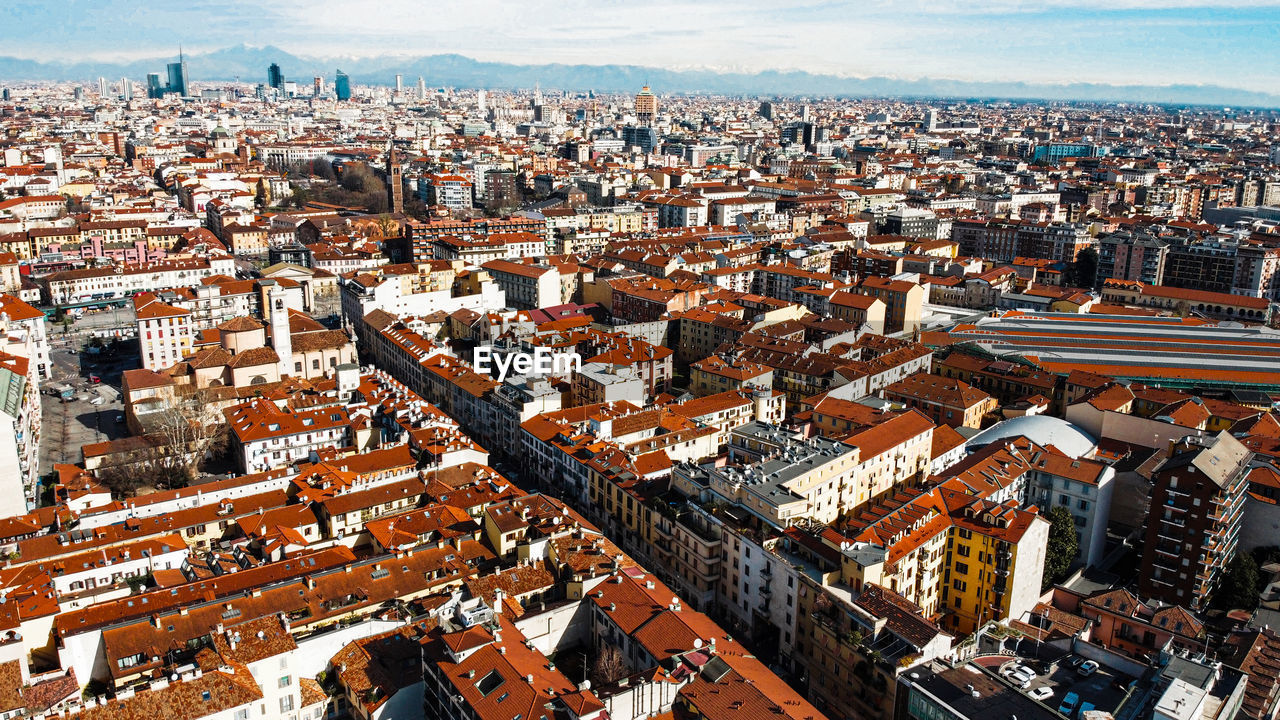 High angle view of buildings in city