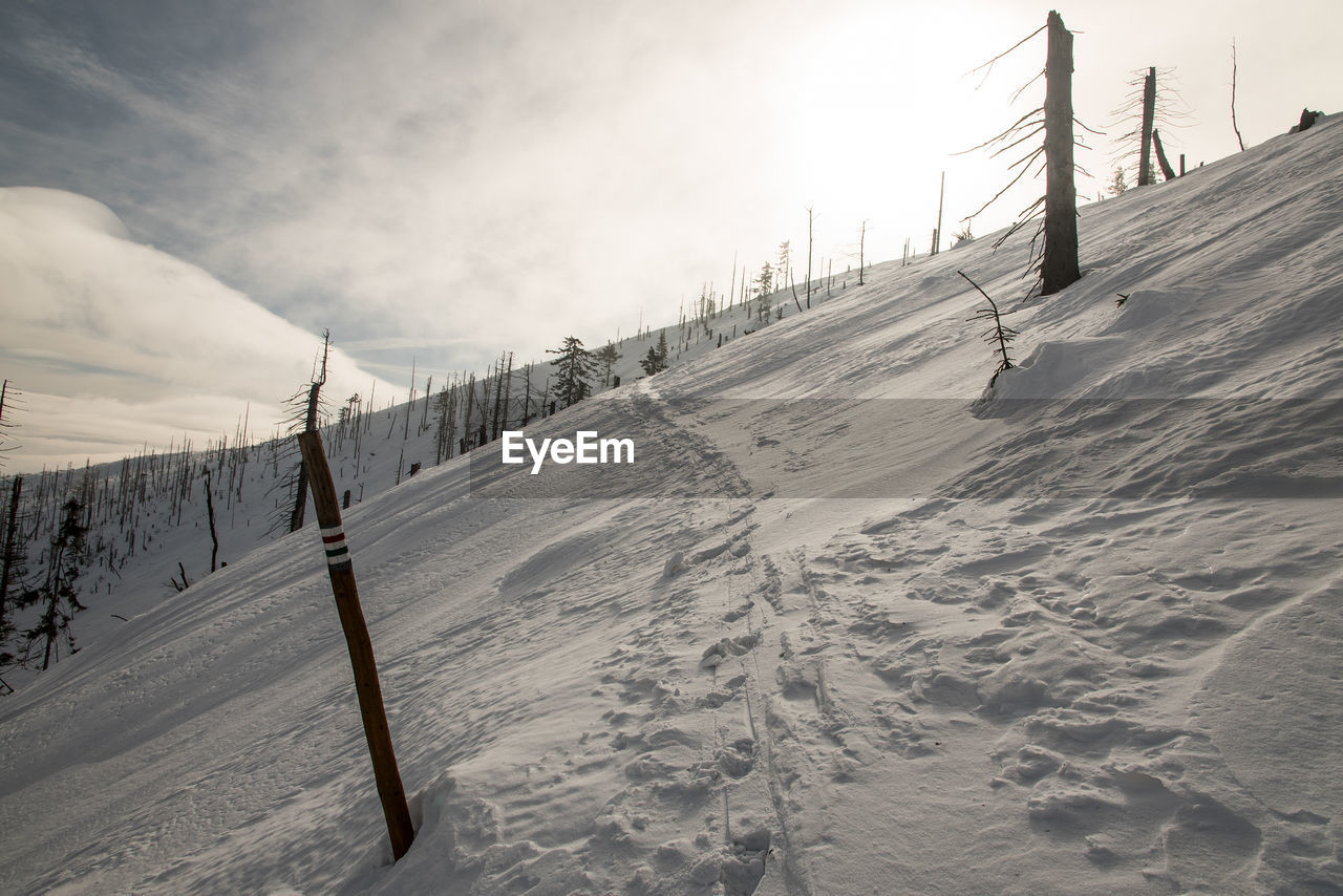 Scenic view of snow covered field against sky