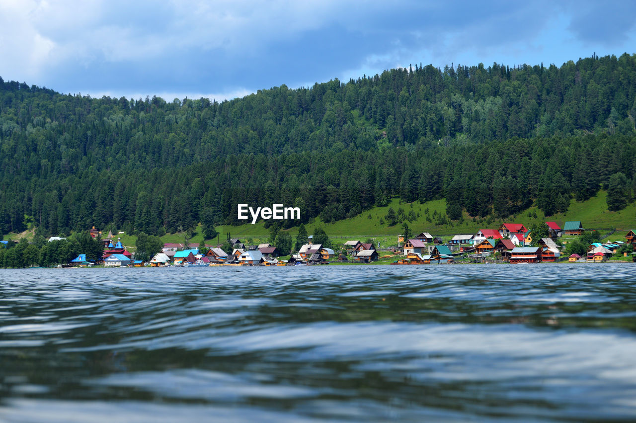 People sitting on riverbank by trees against sky