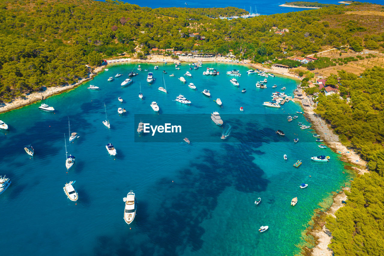 Aerial view of the bay with boats, paklinski otoci islands in hvar, adriatic sea in croatia