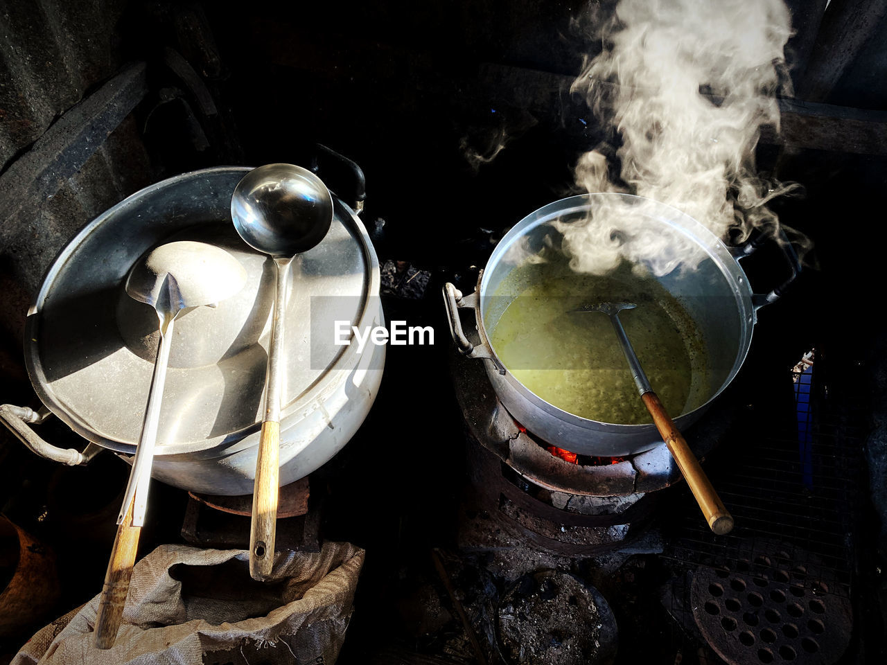 High angle view of utensils on stove