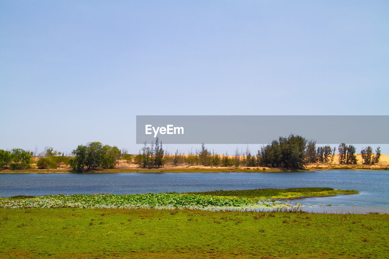 Scenic view of lake against clear sky