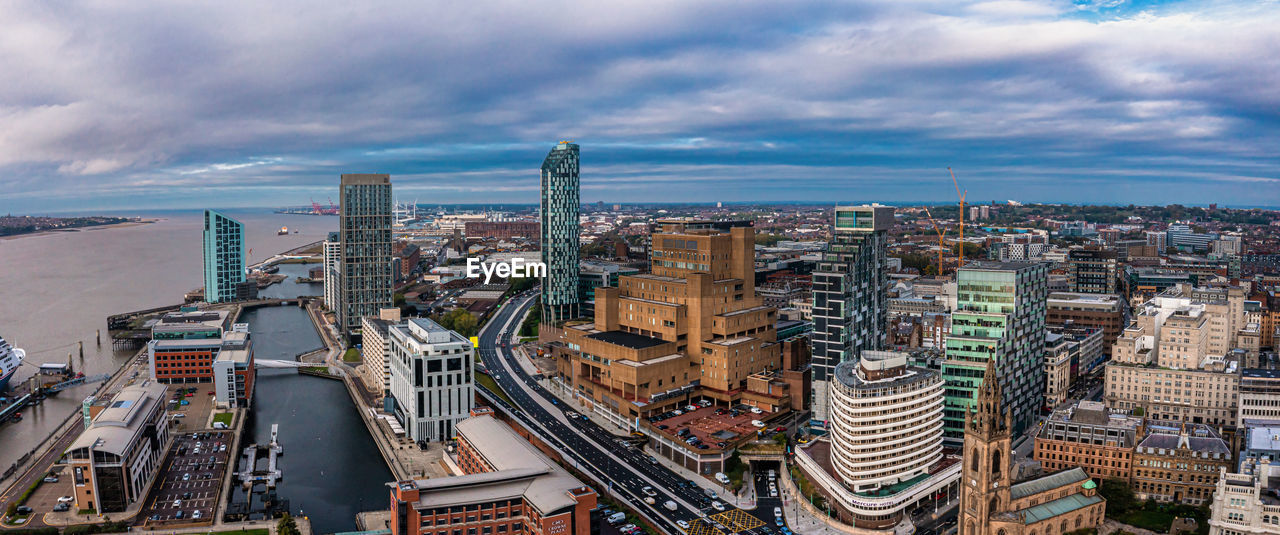 Aerial view of the liverpool skyline in united kingdom