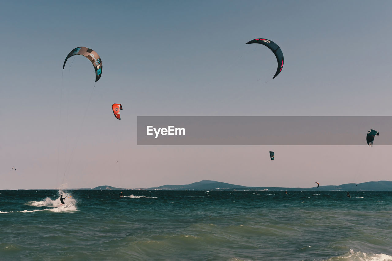 Kite surfing in the sea on a summer day. 