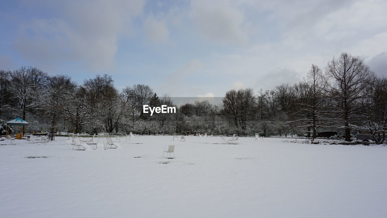 snow, tree, winter, cold temperature, plant, sky, nature, environment, cloud, scenics - nature, freezing, beauty in nature, tranquil scene, tranquility, landscape, white, land, no people, non-urban scene, frozen, day, outdoors, bare tree, field, deep snow