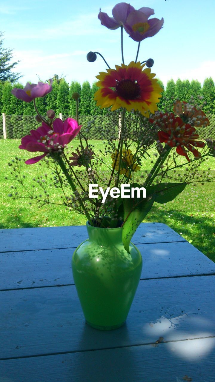 Flowers in vase on table at park