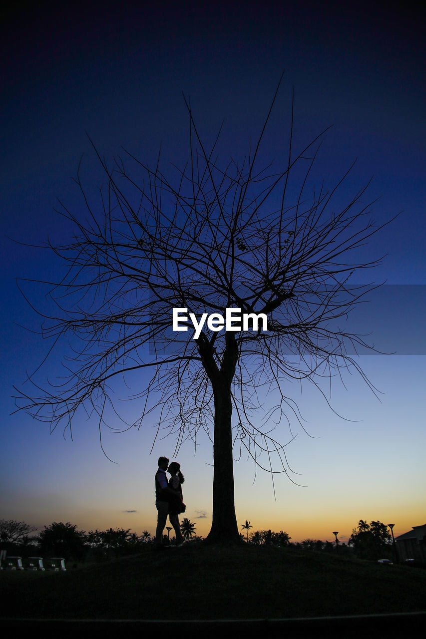 Silhouette couple standing by bare tree against sky during sunset