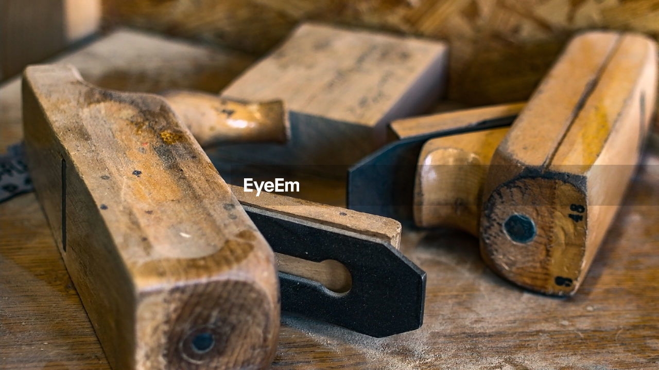 High angle view of work tool on table in workshop