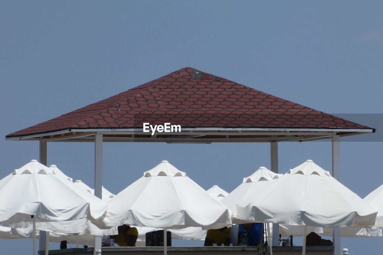 Low angle view of traditional building against clear blue sky