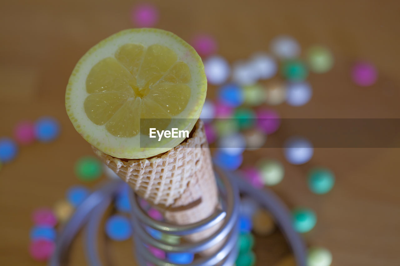 High angle view of lemon slice on table