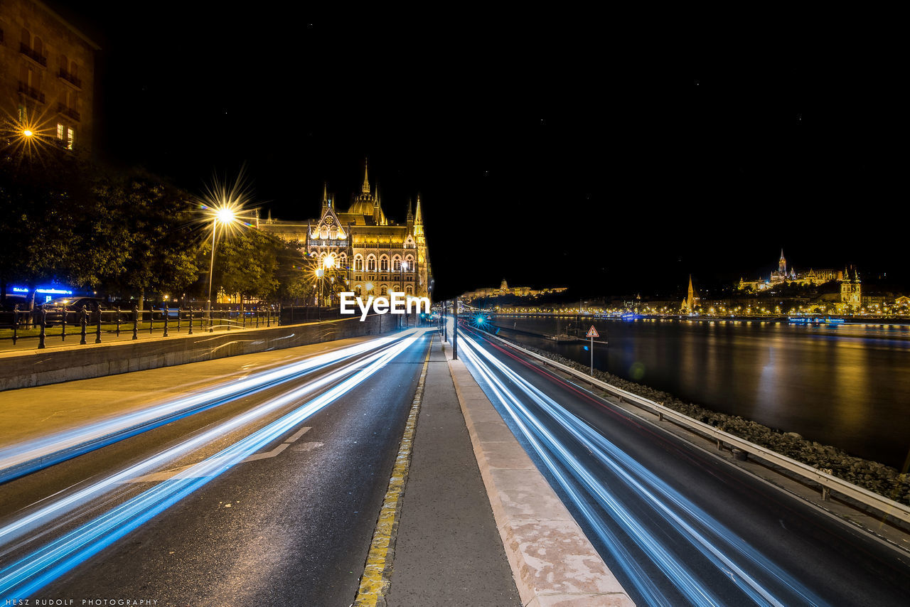 Light trails on road at night