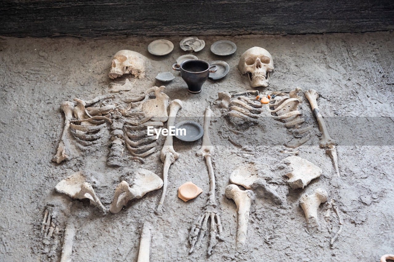 human skeleton, bone, art, no people, ancient history, human representation, high angle view, relief, representation, craft, wood, creativity, death, history, the past, architecture, sculpture, wall - building feature, day, large group of objects, male likeness