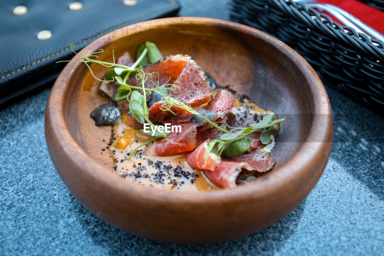 HIGH ANGLE VIEW OF MEAT IN BOWL