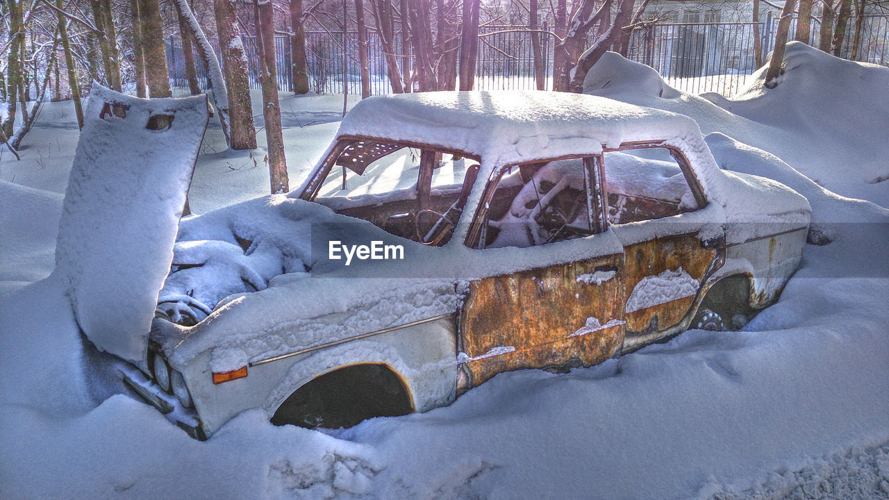 CLOSE-UP OF SNOW COVERED CAR