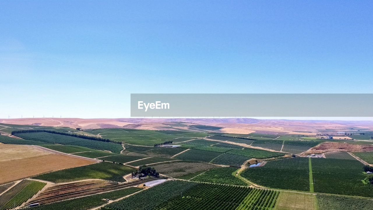 HIGH ANGLE VIEW OF FIELD AGAINST CLEAR SKY