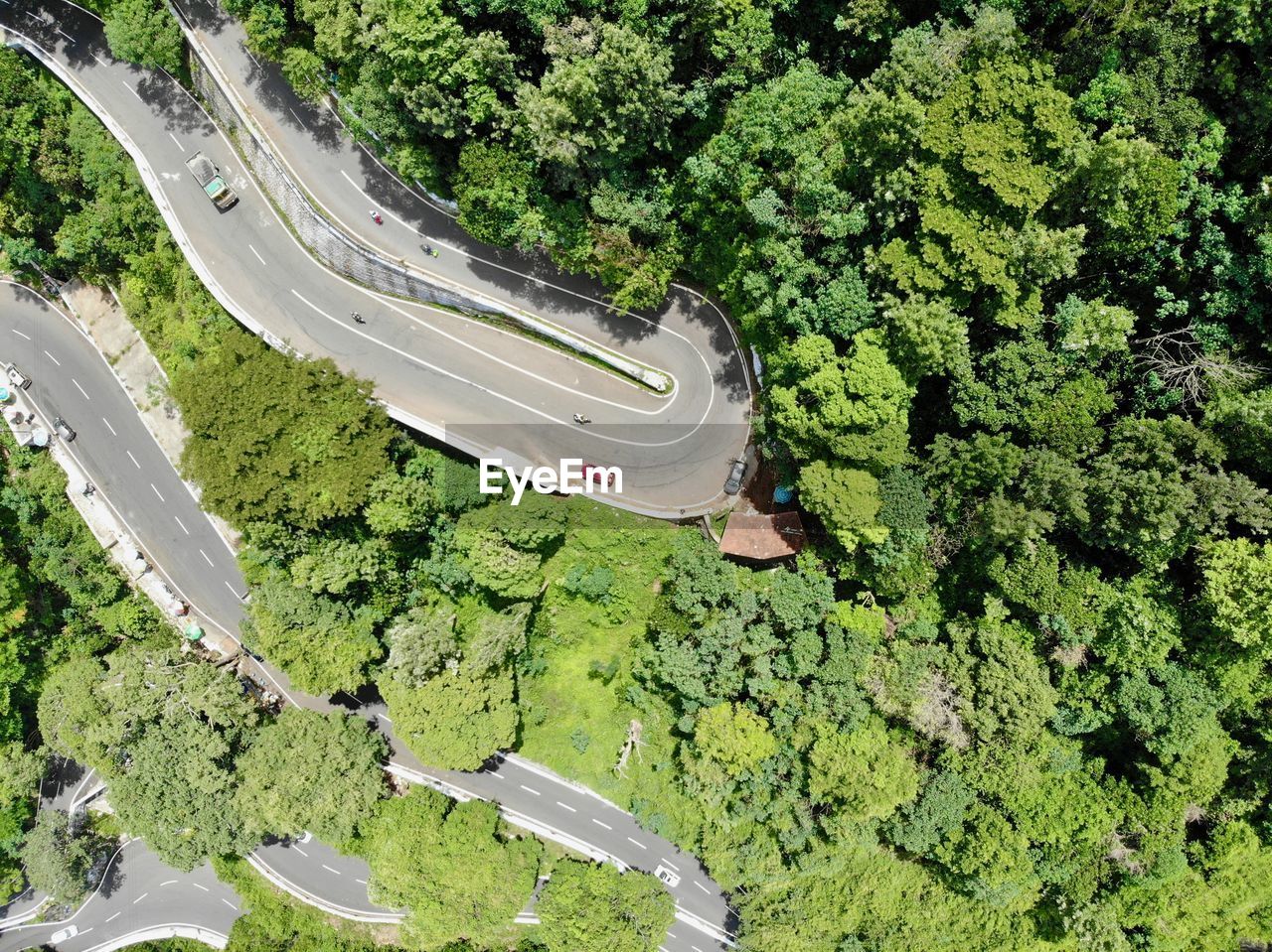 plant, green, high angle view, tree, aerial photography, growth, transportation, nature, day, aerial view, no people, road, mode of transportation, bird's-eye view, outdoors, beauty in nature, land, land vehicle, motor vehicle, scenics - nature, tranquility, car, sunlight, foliage, lush foliage, environment