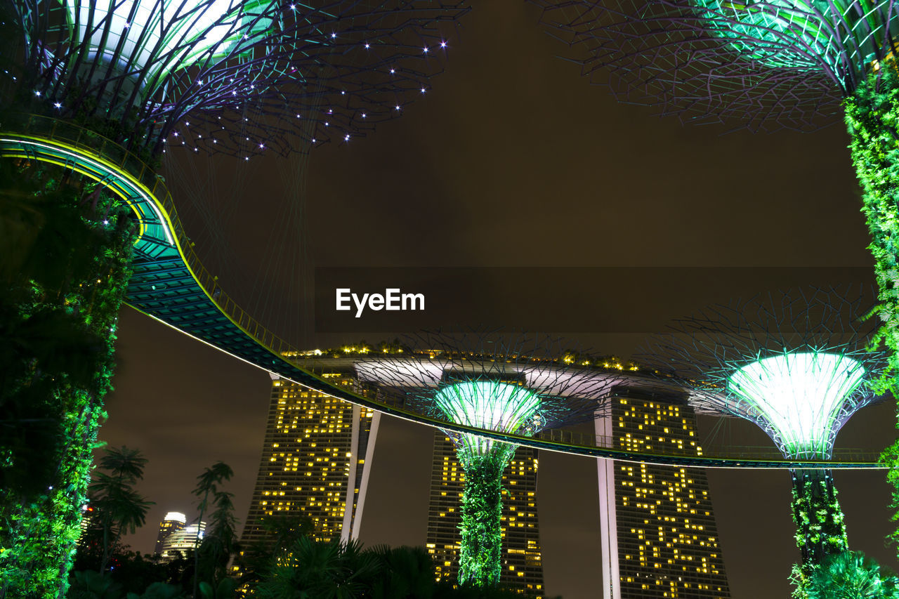 LOW ANGLE VIEW OF ILLUMINATED BUILDINGS IN CITY