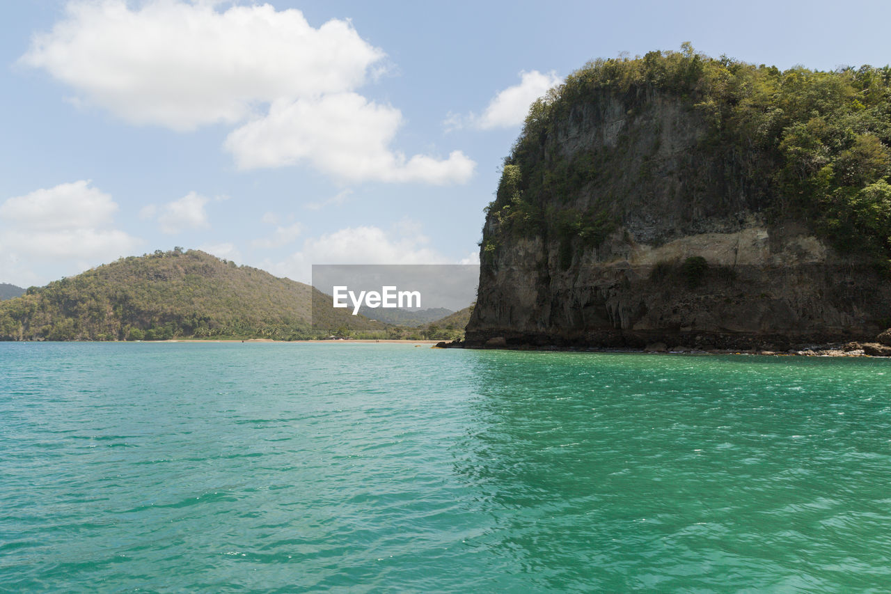 SCENIC VIEW OF SEA BY MOUNTAINS AGAINST SKY