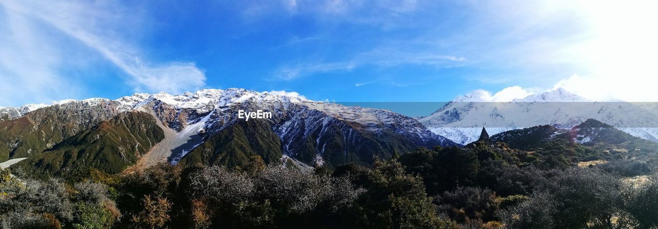 PANORAMIC VIEW OF SNOWCAPPED MOUNTAIN AGAINST SKY