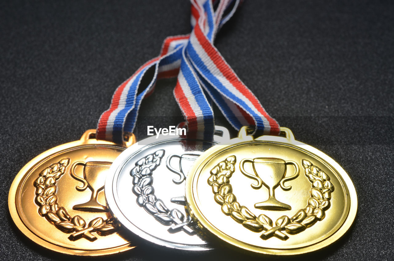 High angle view of medal on table