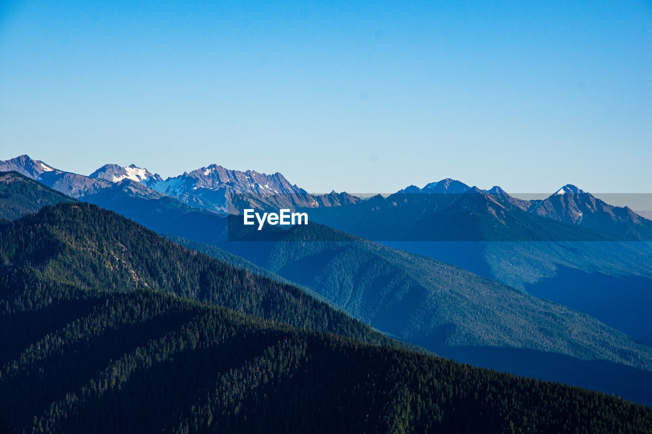 Scenic view of snowcapped mountains against clear blue sky