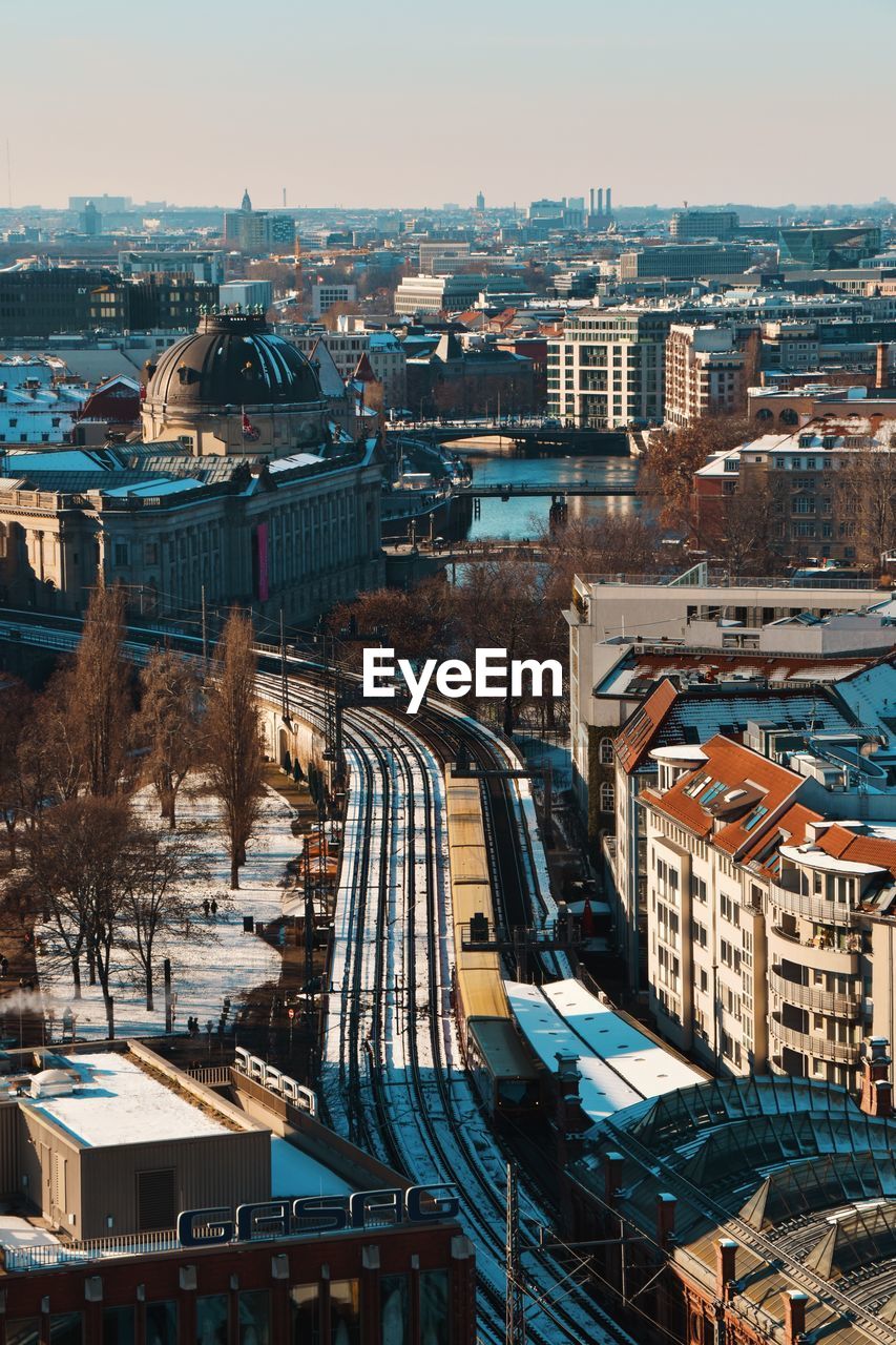 High angle view of buildings in city