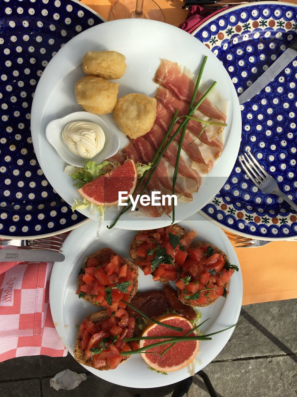 High angle view of breakfast served on table