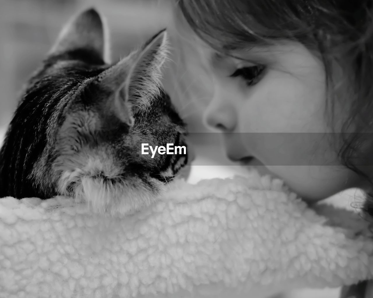 Close-up of girl with cat on bed