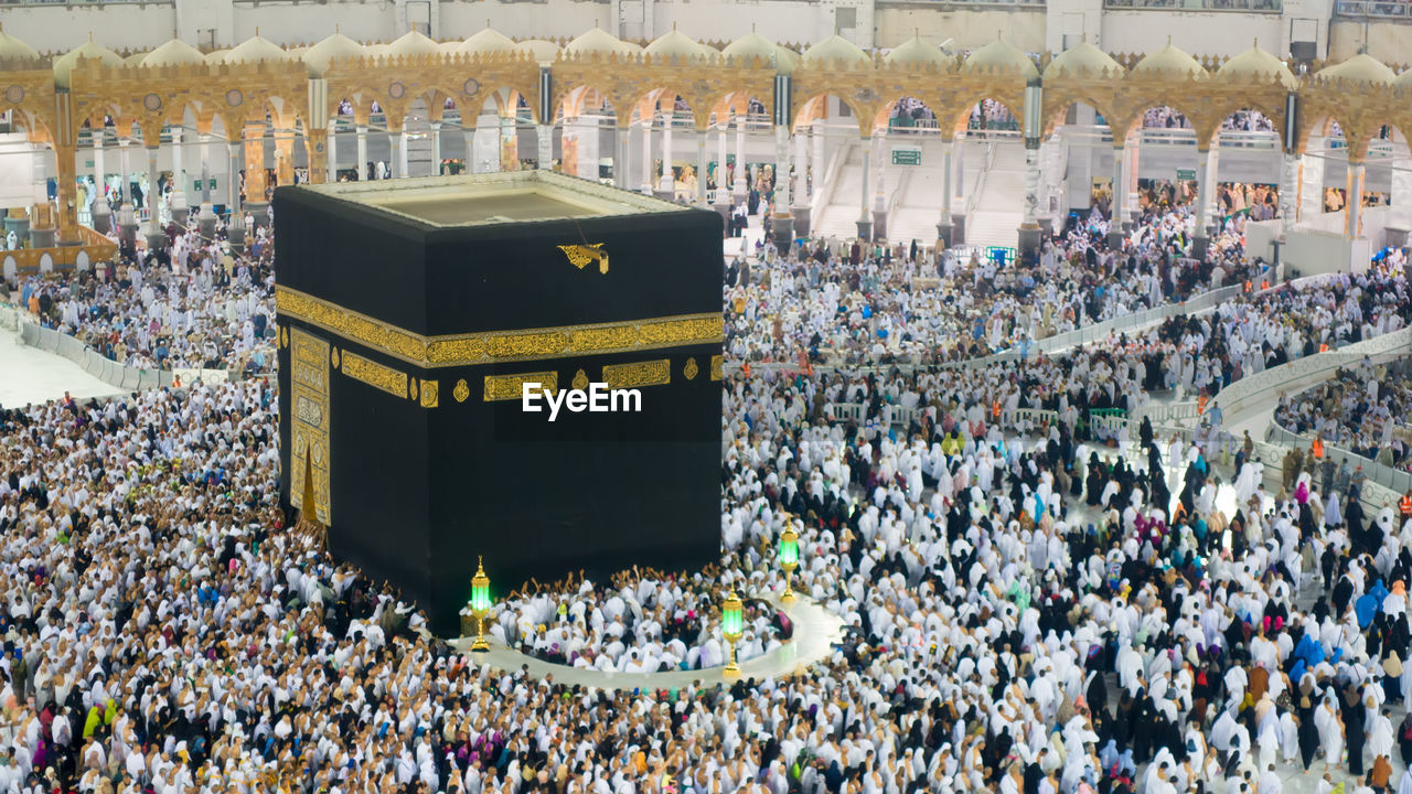 High angle view of people in front of building