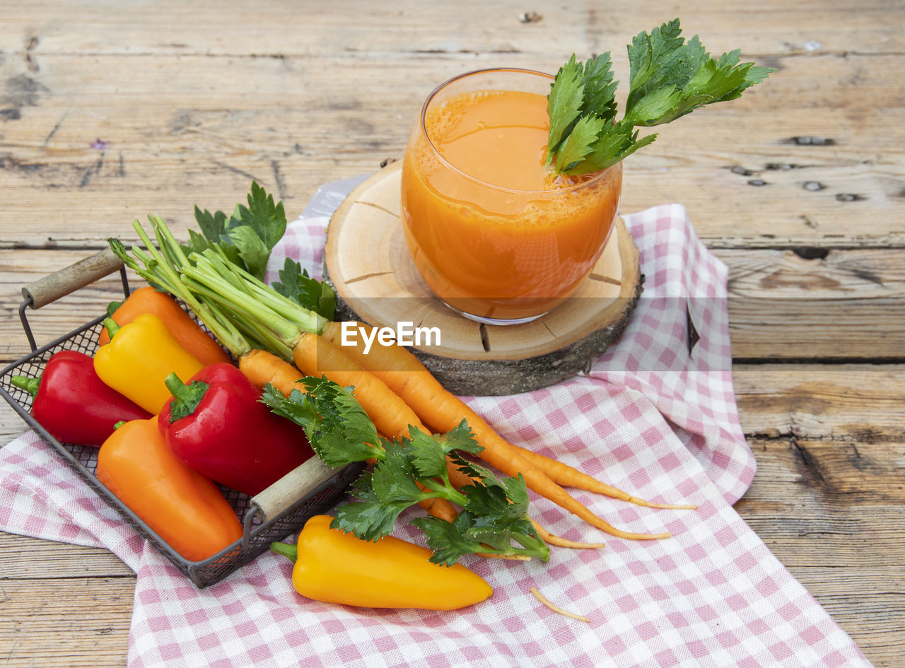 Fresh squeezed smoothie bell pepper, carrot, juice vegetable in a glass. healthy eating, dieting.