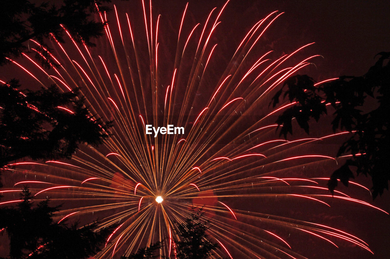 LOW ANGLE VIEW OF FIREWORKS IN SKY AT NIGHT