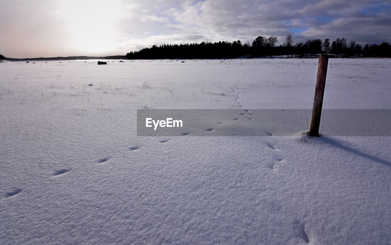 SNOW COVERED FIELD AGAINST SKY