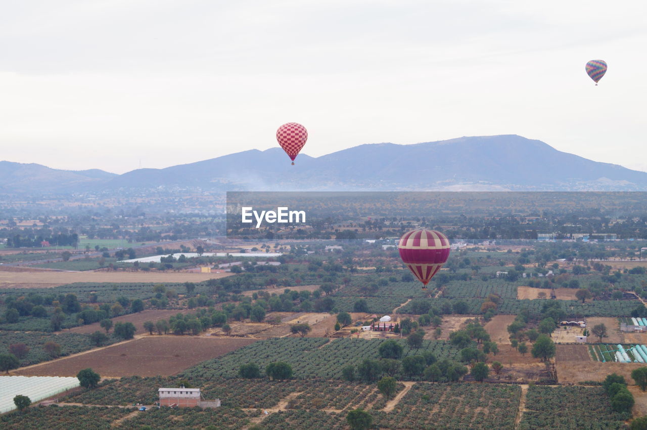 HOT AIR BALLOON FLYING OVER LANDSCAPE