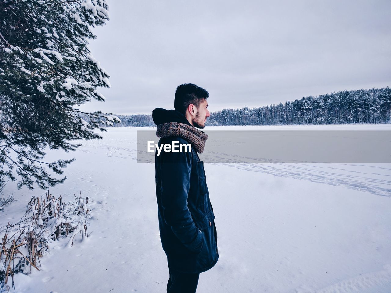 Side view of man standing on snow covered field against sky