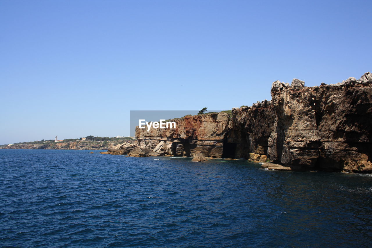 Scenic view of sea against clear blue sky