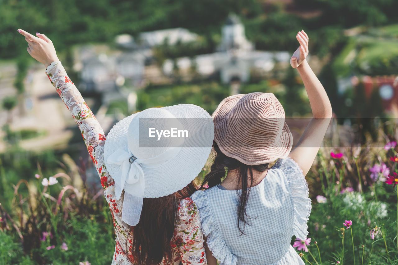 Rear view of female friends with hands raised sitting at park