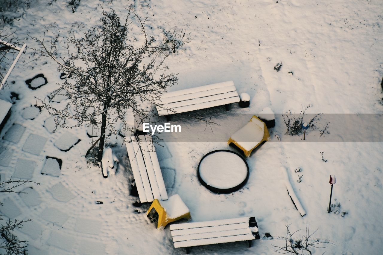 High angle view of snow covered field
