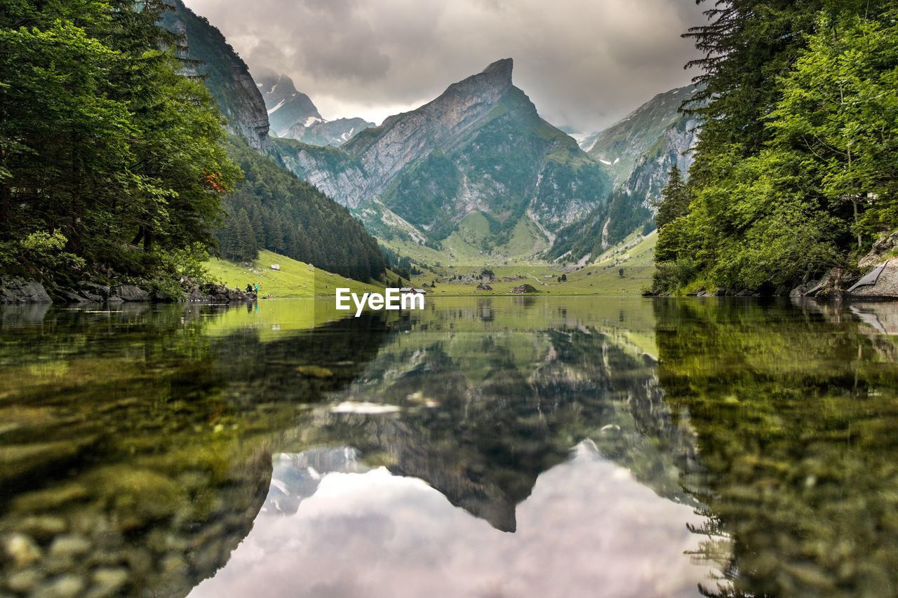 Scenic view of lake and mountains against sky