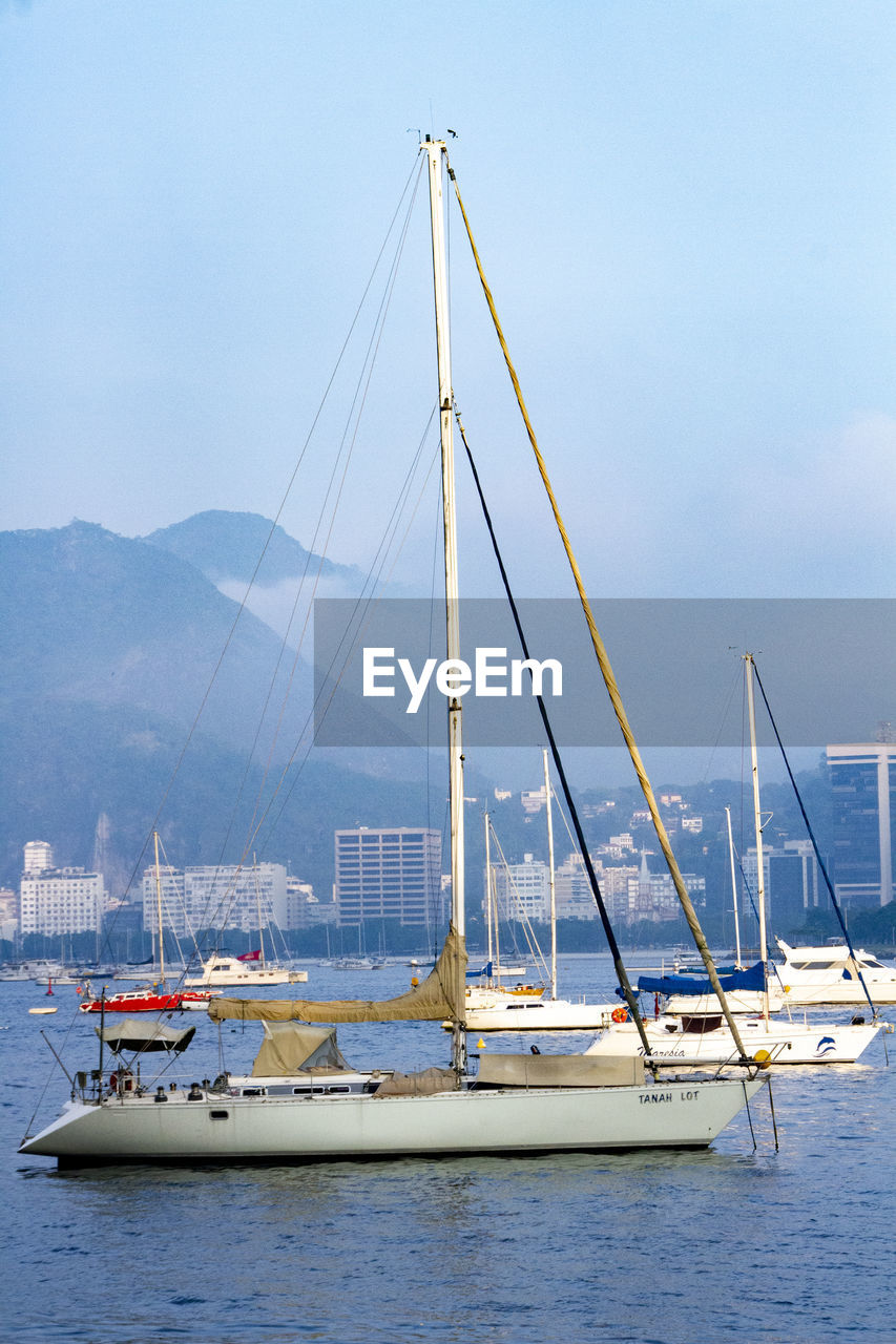 Sailboats moored in sea against sky