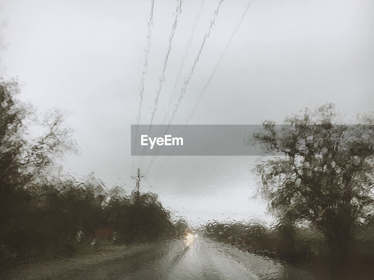 ROAD AMIDST TREES AGAINST SKY DURING RAIN