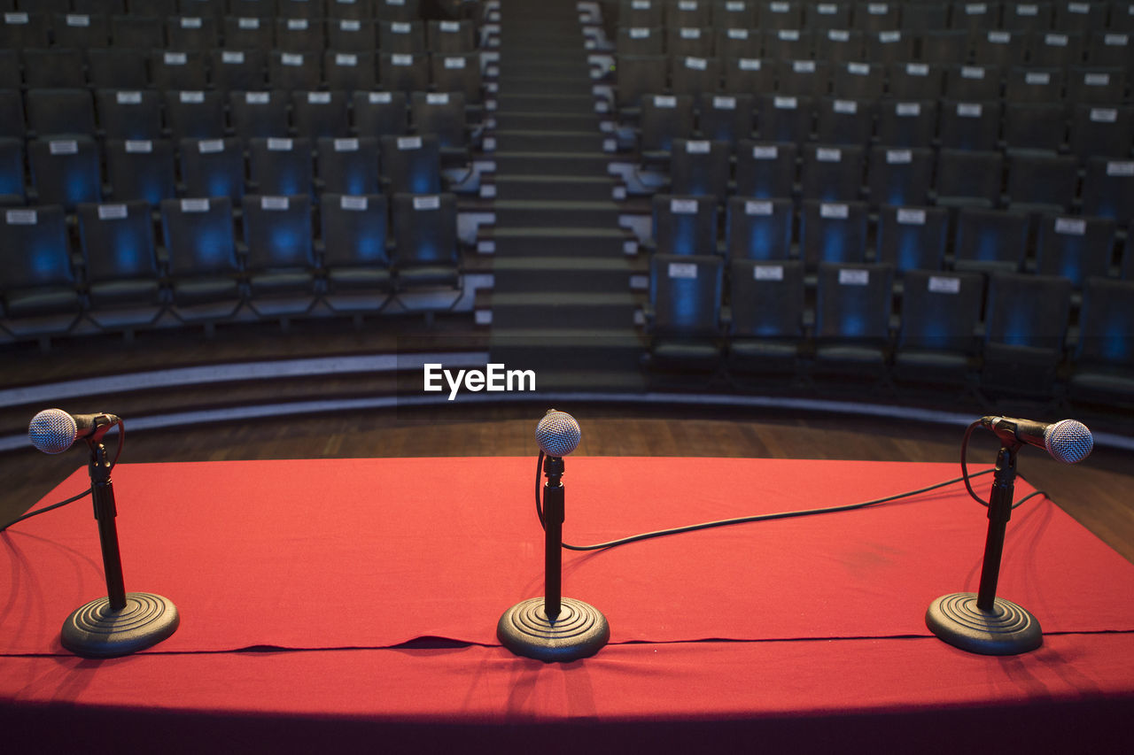 Close-up of microphones on stage