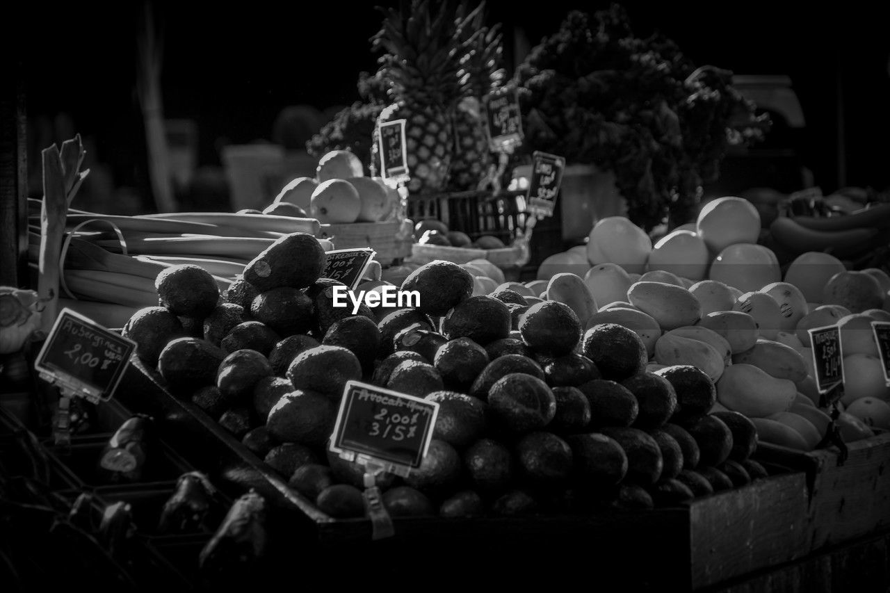 black, black and white, darkness, monochrome, monochrome photography, crowd, food and drink, large group of objects, food, night, light, abundance, fruit, freshness, plant, healthy eating, arrangement, still life photography
