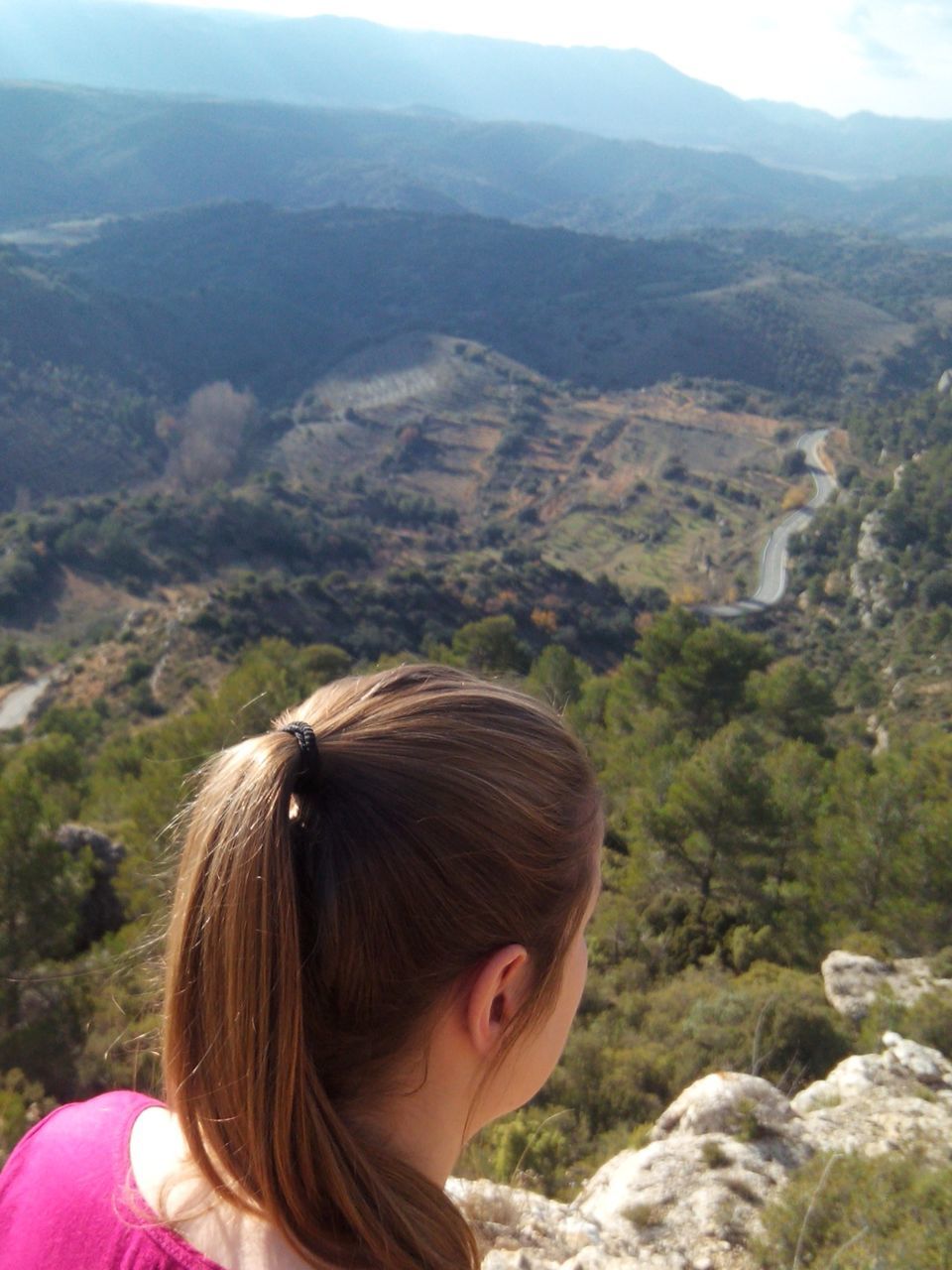 Rear view of woman on mountain against landscape