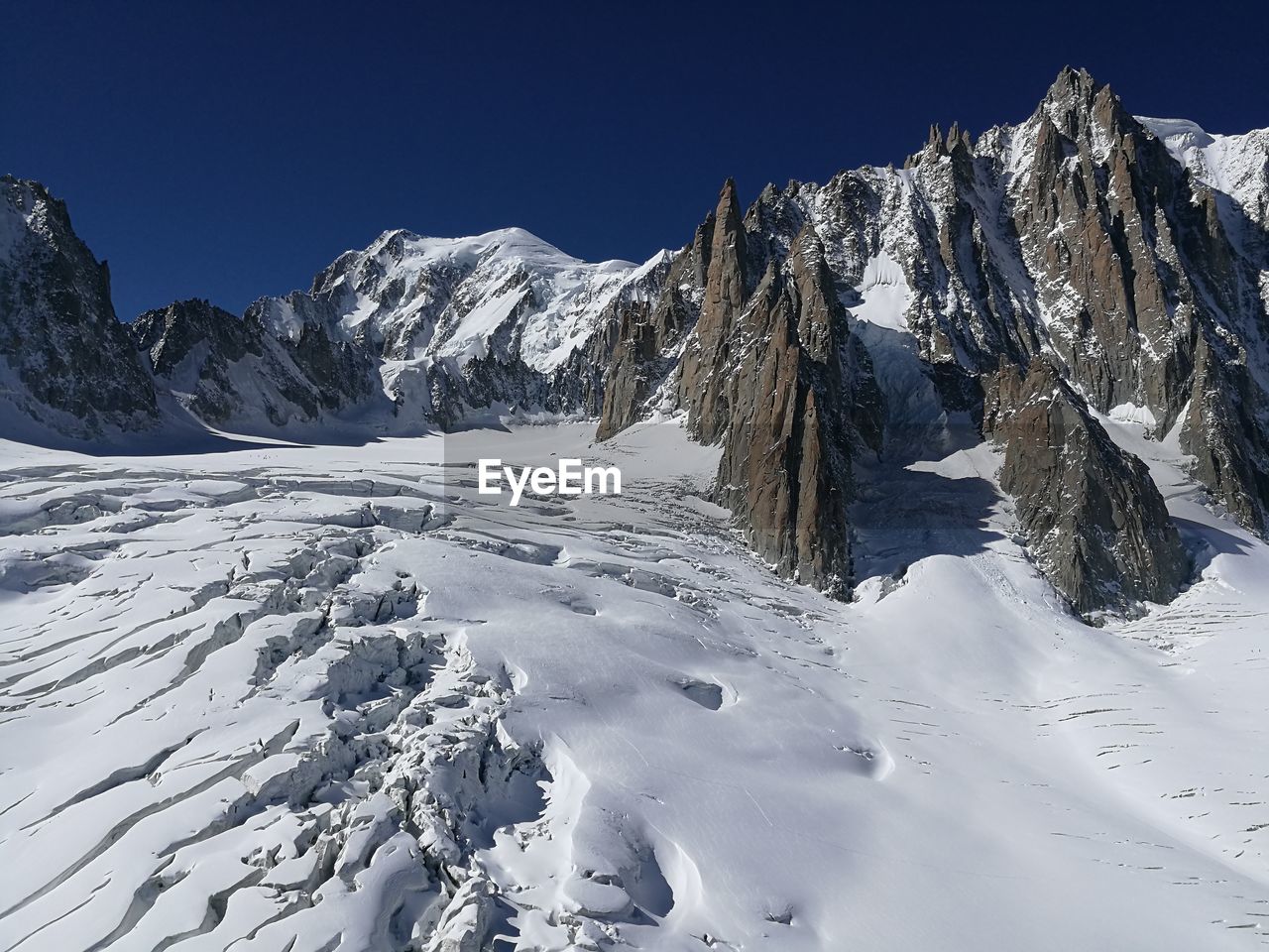 Scenic view of snowcapped mountains against clear sky