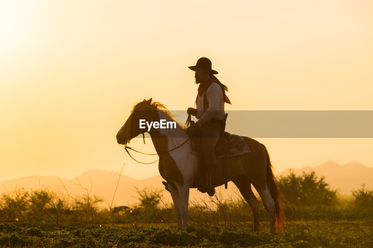 MAN RIDING HORSE ON A SUNSET