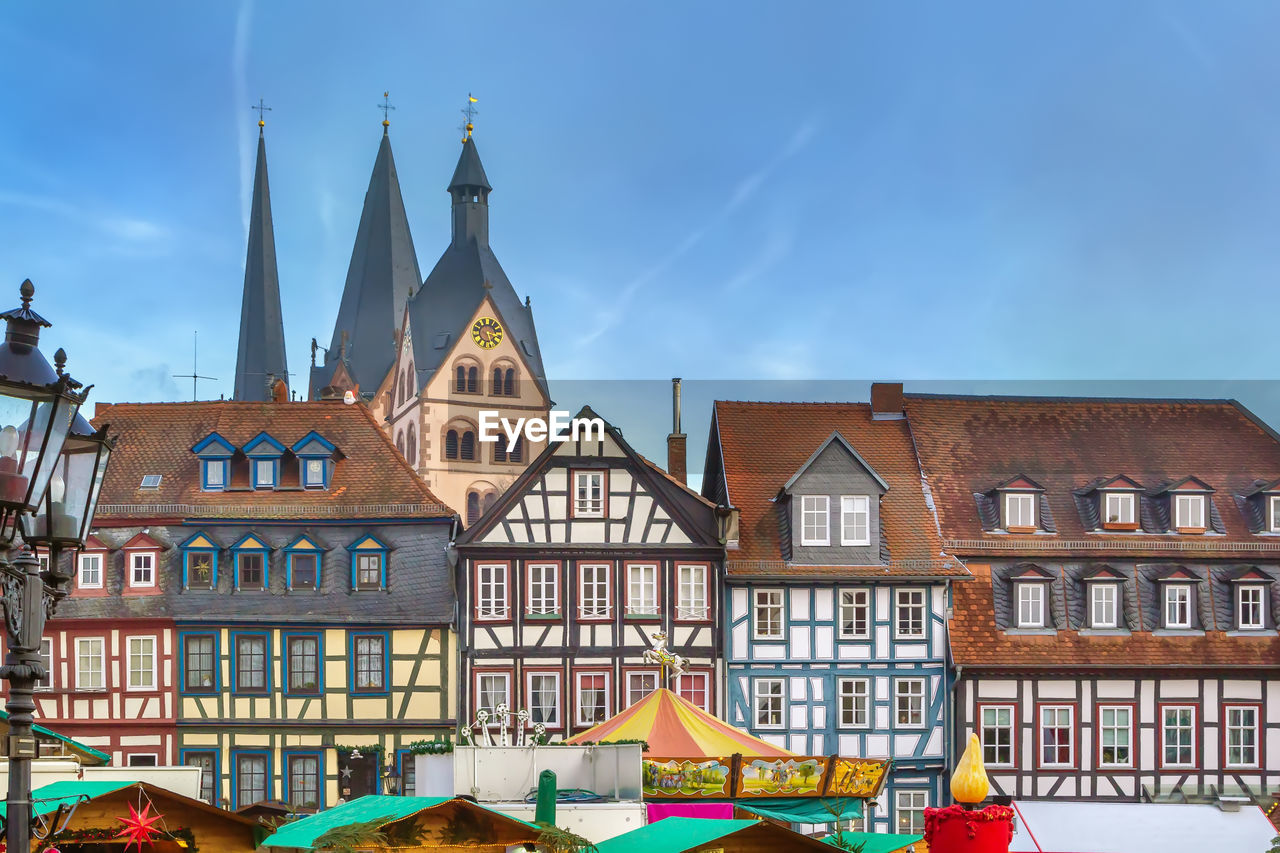 View of historic half-timbered houses with christmas market in gelnhausen, germany