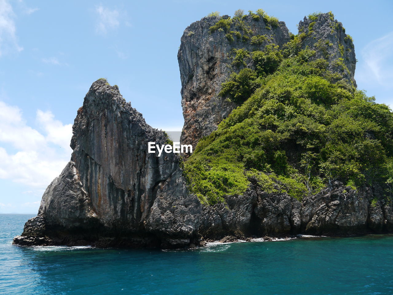 Rock formations in sea against sky