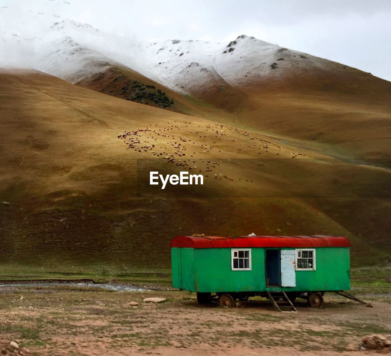 Motor home against mountains