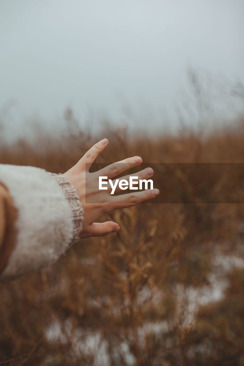 Cropped hand of woman on field